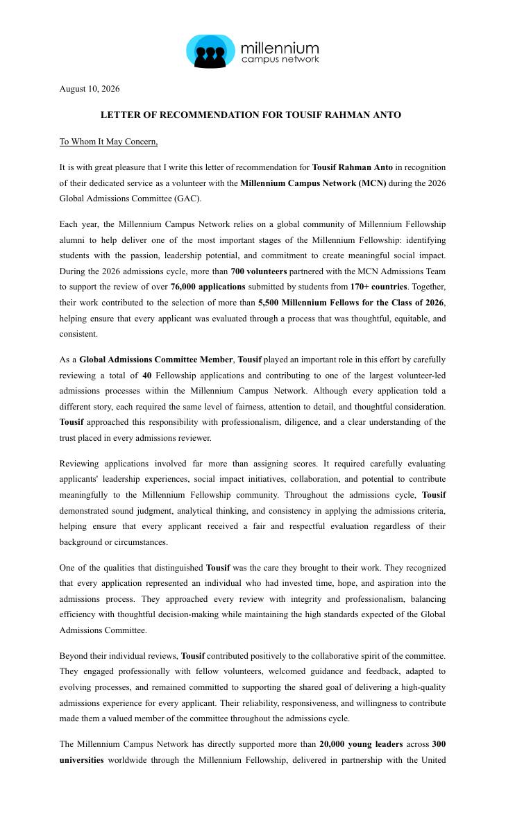 Letter of recommendation for Tousif Rahman Anto